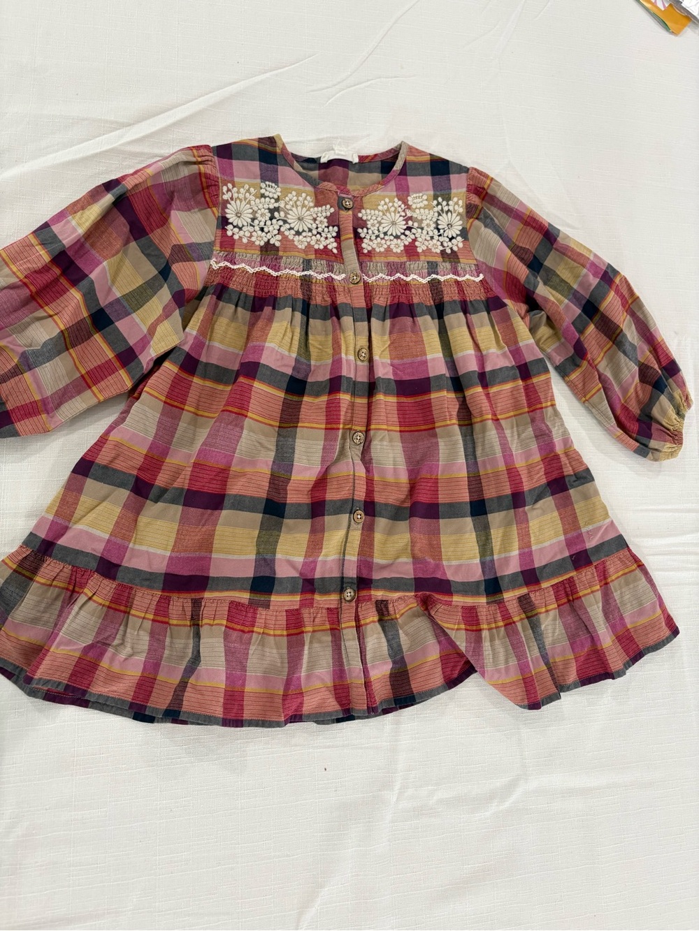 Plaid Embroidered Yoke Girls' Dress in Pink & Mustard